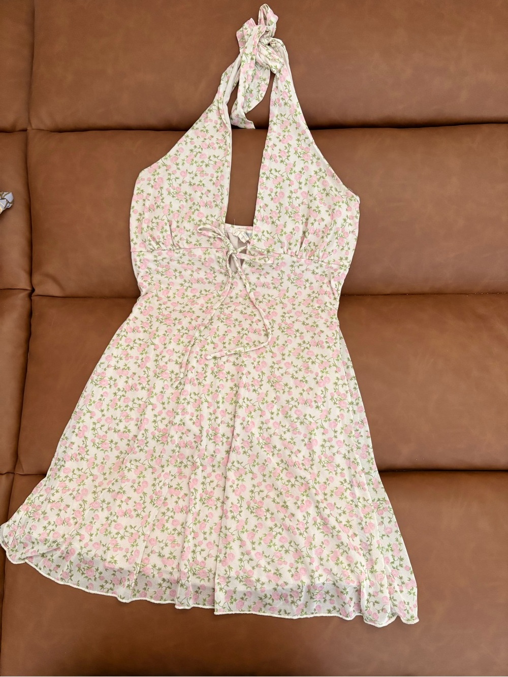 See You Monday Pink Floral Halter Mini Dress
